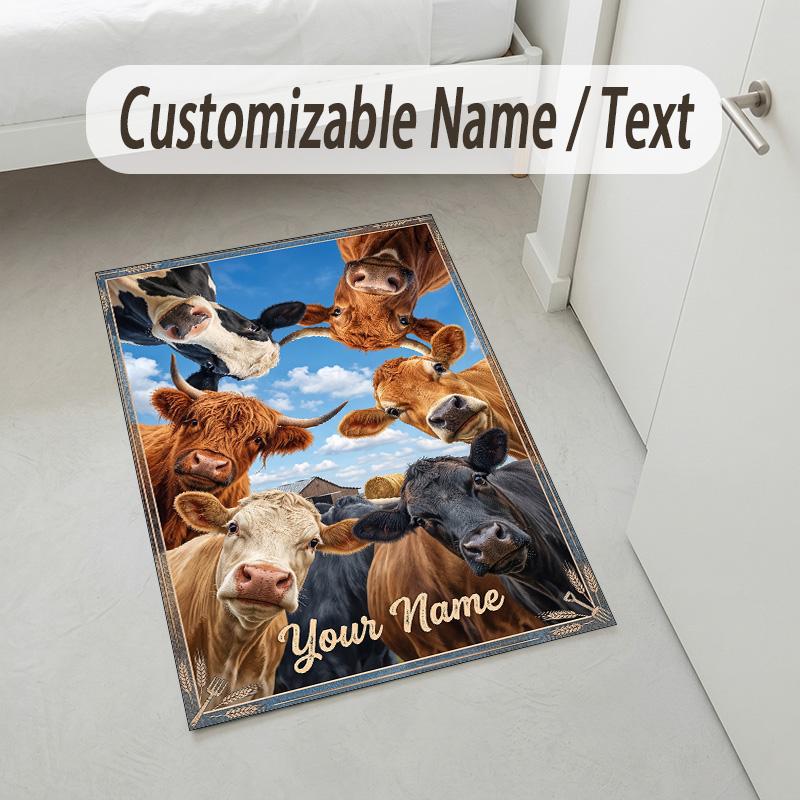 Cow Highland Theme Crystal Velvet Rug Personalized Custom Name Text Soft Floor Mat Home Decor