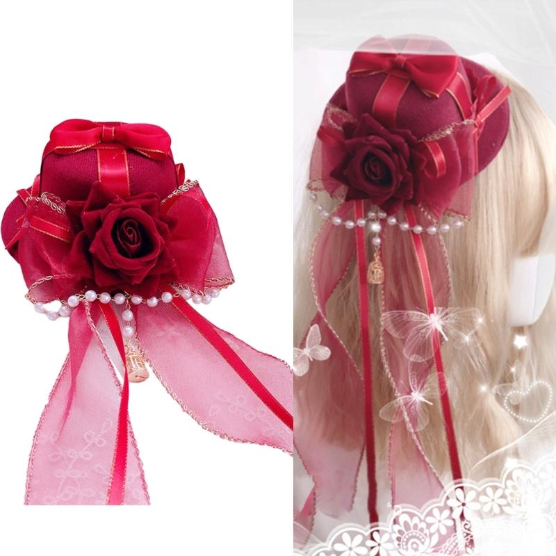 Gothic Lace Flat Top Hat with Veil Ribbon for Women Cosplay Party Costume Day of the Death Headpiece Holiday Accessories