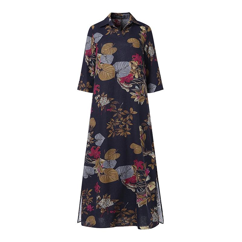 ZANZEA Women Casual Turn Down Collar Loose 3/4 Sleeve Print Long Dress