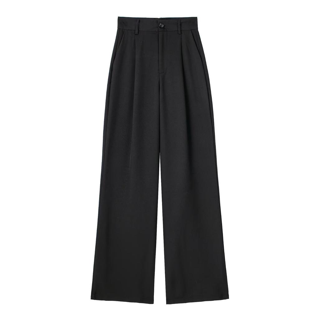Women Fashion Solid Pleated Front Zipper Wide Leg Pants Vintage High Waist Full Length Female Chic Lady Trousers