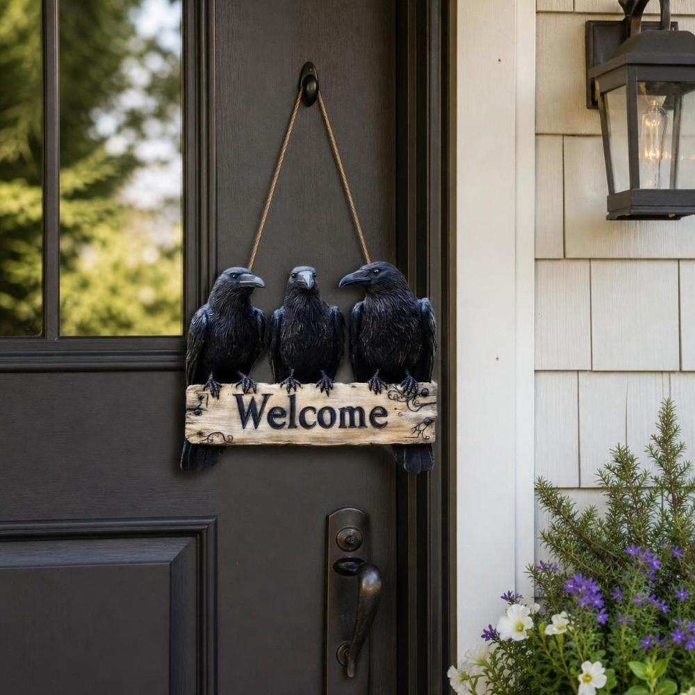 Handmade 2D Flat Welcome Sign Black Crow Pattern Hanging Tag Door Decoration