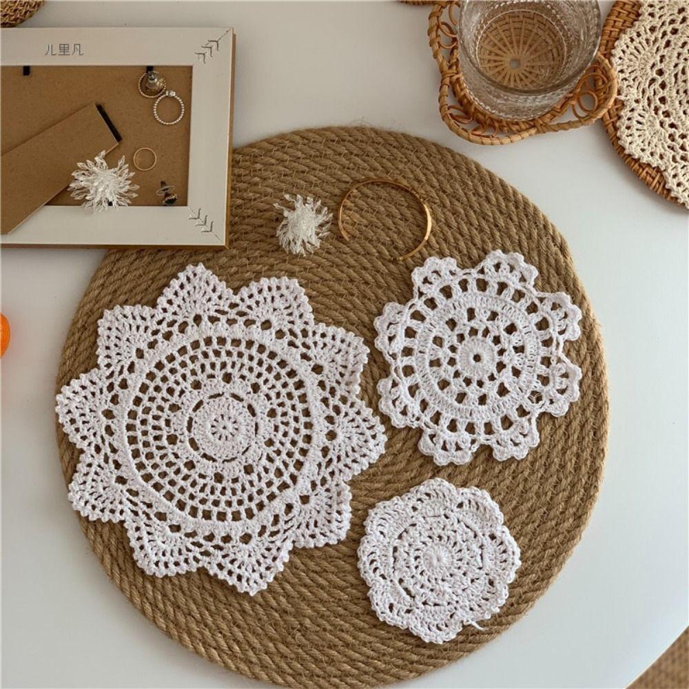 2/4Pcs Vintage Lace Floral Coasters Knitted Texture Round Woven Placemats Wedding Party