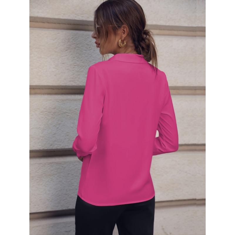 YYFS Women's Fashion Casual Spring Fall Solid Color Print Long Sleeve POLO Neck Blouses & Shirts