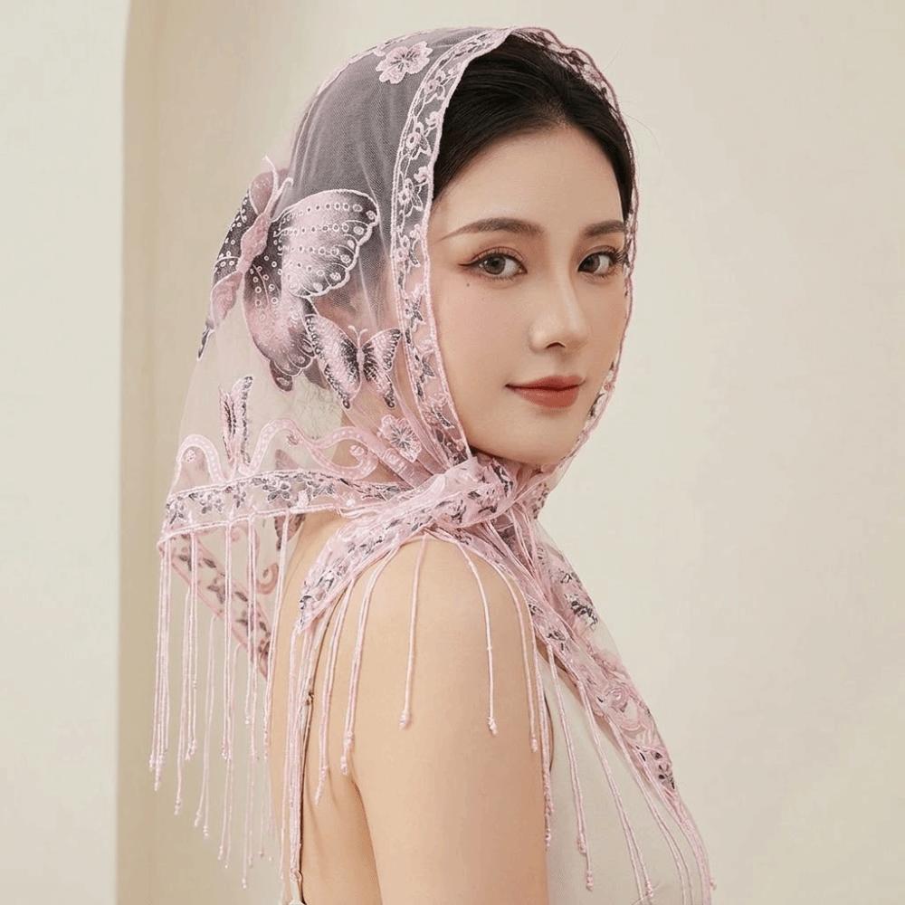 Butterfly Lace Hollow Scarf Polyester Mesh Scarves Elegant Tassel Triangle Shawl Church