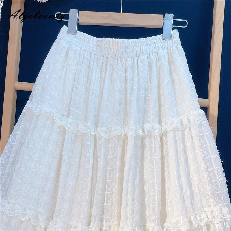Japanese Lolita Style Autumn Winter Women Lace Skirt High Waist Beige Layered Ruffles Skirt Elegant Feminine Ladies' Tierred Skirts