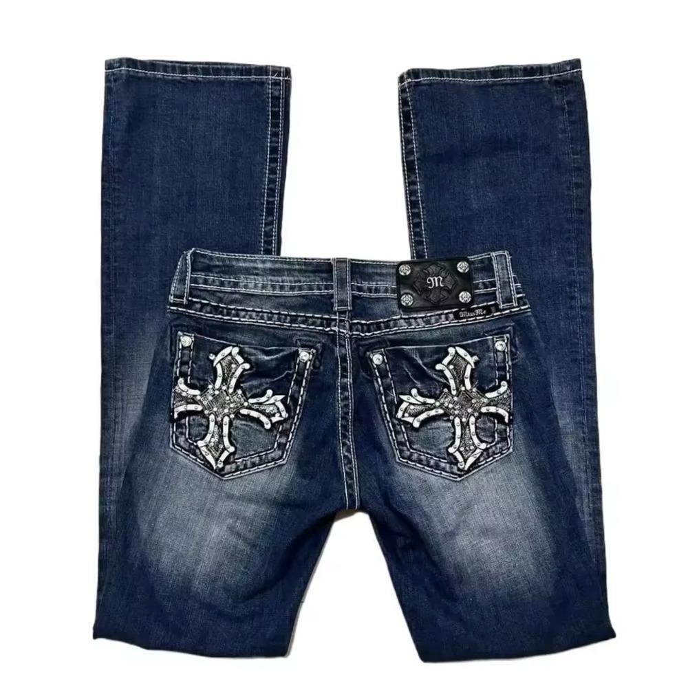 RogueWave Американский Ретро Свободные Клеш Джинсы Женские Y2k Харадзюку Готический Винтажный Синие Джинсовые Брюки Низкая Посадка Широкие Брюки