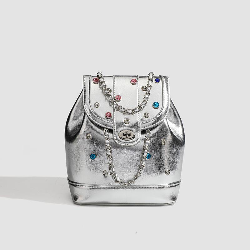 2024 Summer New Niche High-End-Style Chain Backpack Silver Fashion Backpack Rhinestone School Bag