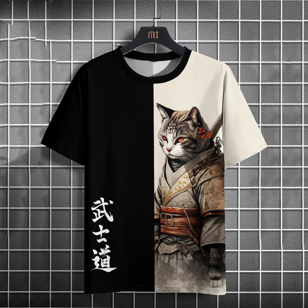 Japanese Anime Samurai Cat T-Shirt For Men 3D Animal Print Short Sleeve Tops Tee Casual T-Shirt Oversize Shirt Men Clothing