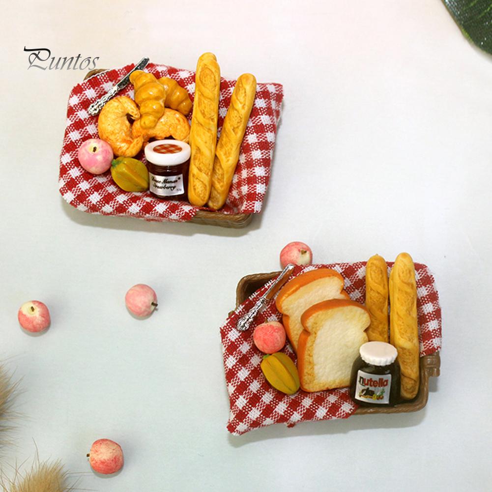 Puntos 1/12 Miniature Doll House Toast Fruit Kitchen Accessories with Basket Model Toy