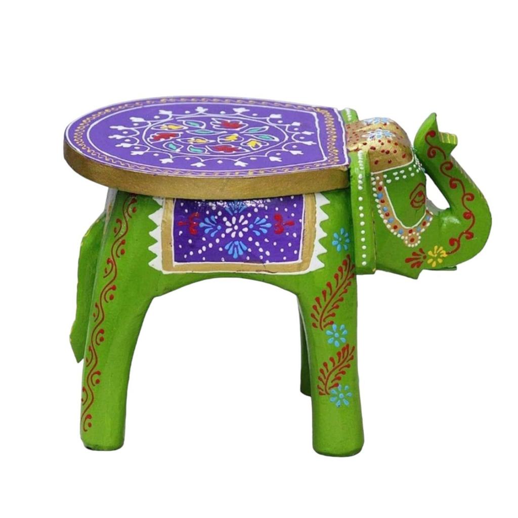 Hand-Crafted and Colorful Emboss Painted Wooden Elephant Shape Stool Cum Gardan Table,Decorative Showpiece (8 Inches Height, Green)
