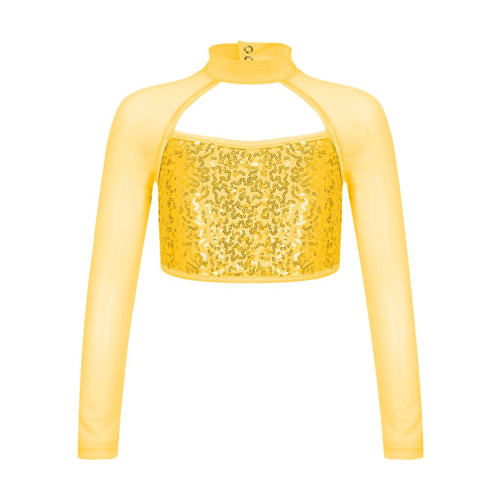 Костюм для танцевальной гимнастики, детский укороченный топ с длинными рукавами и блестящими пайетками для девочек, с открытой спиной