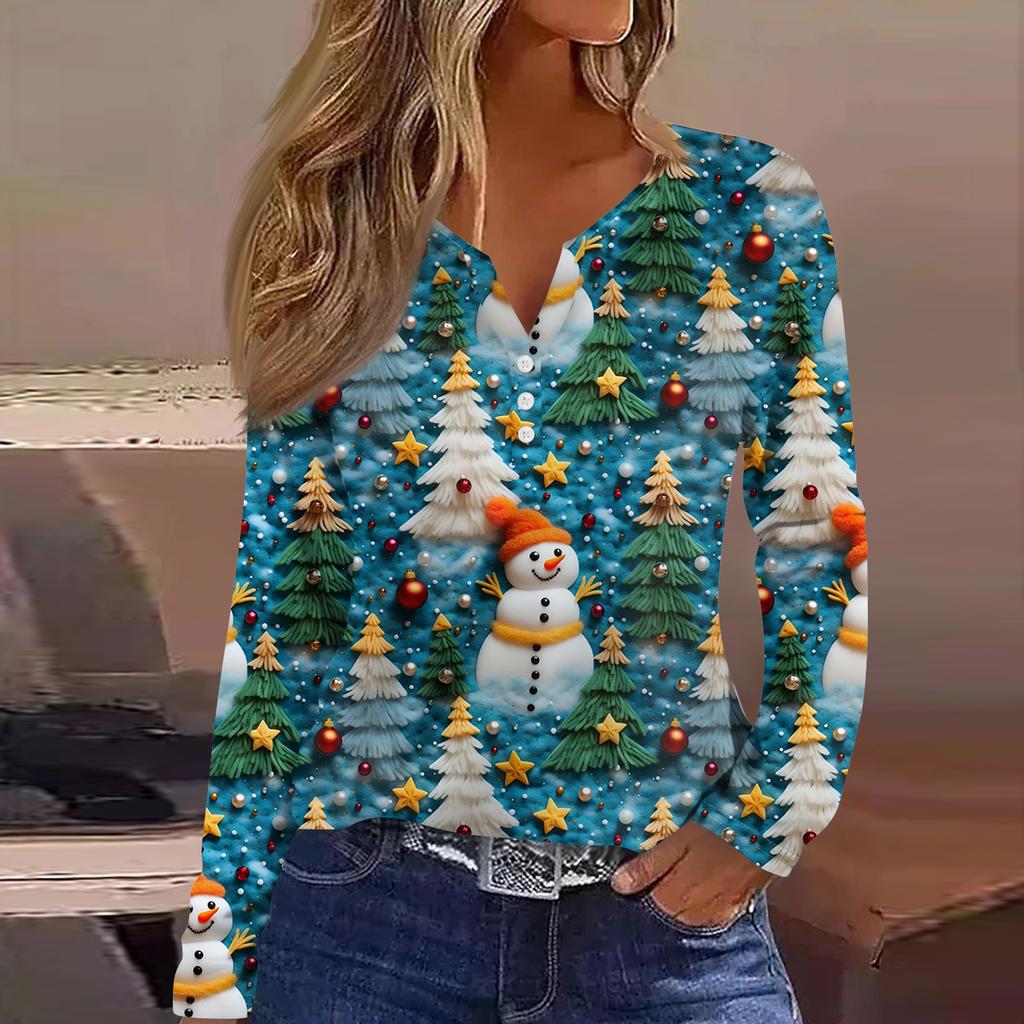 Женская модная повседневная футболка с V-образным вырезом, на пуговицах, с длинным рукавом, с рождественским принтом