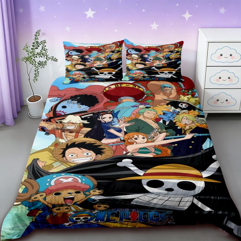 Duvet Cover One Piece Kids Cartoon Luffy Bedding Set with 2 Pillowcases Soft and Cozy Bedroom Bed Decor Teens Boys best Gifts