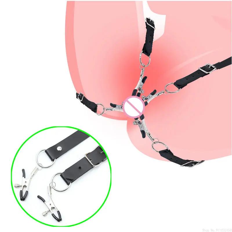 Ремни для разведения половых губ с зажимами-клипсами на клитор, раздвигающие киску, стимулятор вагины, бондаж, присоски для сосков, секс-игрушки, раб