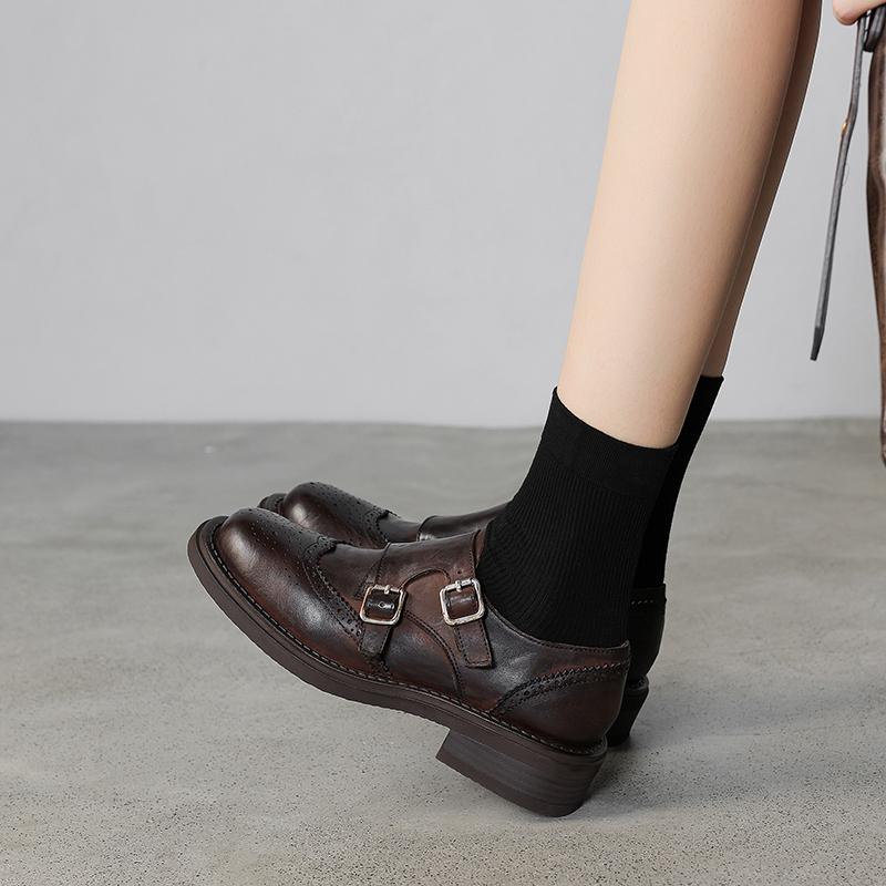 Мода 2025 Осень Новые Женские Туфли Натуральная Кожа Низкий Каблук Повседневные Оксфорды Женские Лоферы с Пряжкой Блок Винтажная Обувь Туфли
