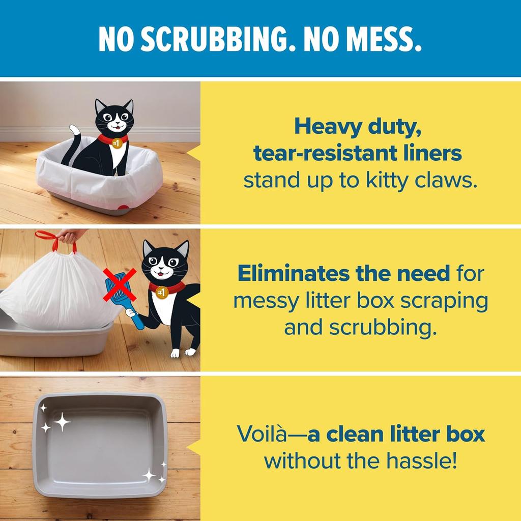 Litter Box Liners: Heavy Duty - Tear  Leak Resistant - Drawstring Close - Jumbo 15 Count
