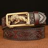 2024 Fashion Men's Belt Coskin Leather Belt Men's Carved Floral Tiger Pattern Gold Self Buckle Belt Jeans
