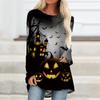 Plus Size Women Halloween Pumpkin Printed Comfy Long Sleeve Round Collar T-shirt Casual Baggy Mid Length Tee Tops