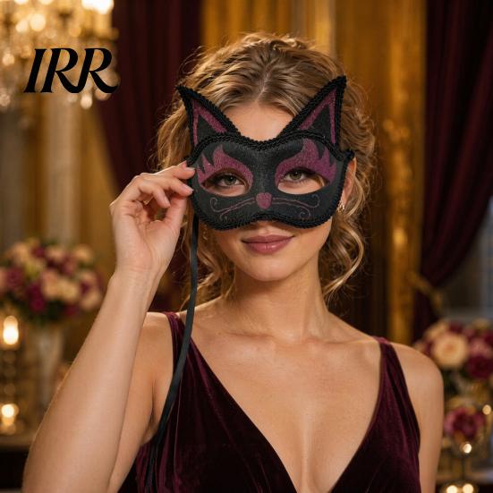 Breathable Halloween Mask Cat Half Face Mask, Glitter Venetian Masquerade Ball Accessory Rhinestone Ear for Party Costume Cosplay