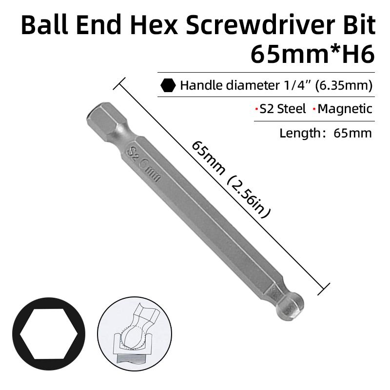 Набор шестигранных отверток с шаровым наконечником, шестигранный ключ, отвертка, сверло с хвостовиком 1/4 дюйма, магнитная сталь S2 65/100 мм, ручные ремонтные инструменты