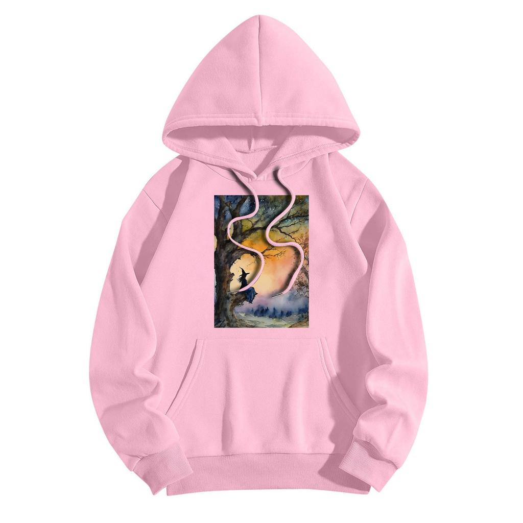 Women's Fashionable Casual Halloween Witch Print Hooded Sweatshirt With Pockets Long Sleeved Sweatshirt