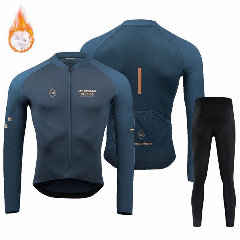Mens Fleece Thermal Cycling Jersey Set Long Sleeve Winter Bike Riding Outfit Road Mountain Biking