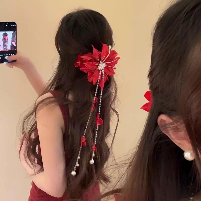 Super Fairy Pearl Flower Petal Fringed Hairpin Niche Fashion Sweet Grab Clip Photo Atmosphere Exquisite Hair Accessories Woman