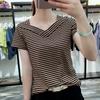 95% хлопок V-образный вырез полосатая приталенная футболка с коротким рукавом: Универсальная летняя модная блузка для женщин 2024
