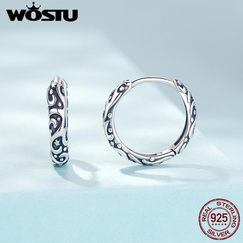 WOSTU 925 Sterling Silver Vintage Pattern Hoop Earrings Women Classicial Round Wedding Party Earring Pendientes Anniversary Gift