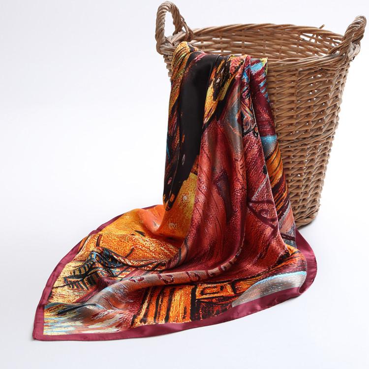 [BYSIFA] New Spring Silk Scarf Shawl Fashion Accessorries Muslim Women Head Scarf 90*90cm Elegant Leaves Pattern Square Scarves