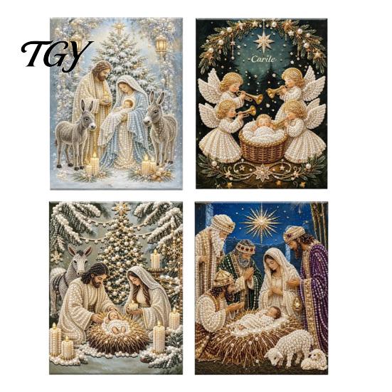 Handmade Religious Crafts Nativity Faux Pearl Art Kit, Holy Family Painting DIY Spiritual Wall Display 3D Craft Set for Adults, Home Christmas