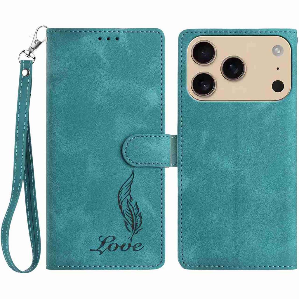 For iPhone 17 Pro Case Imprinted Feather PU Leather Wallet Phone Cover with Wrist Strap