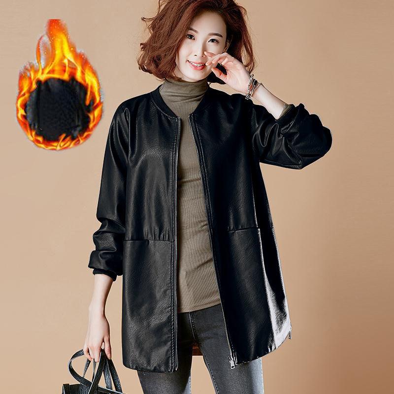 Autumn and Winter Fashion Women Leather Jacket Red Top Long Sleeve Black Coat
