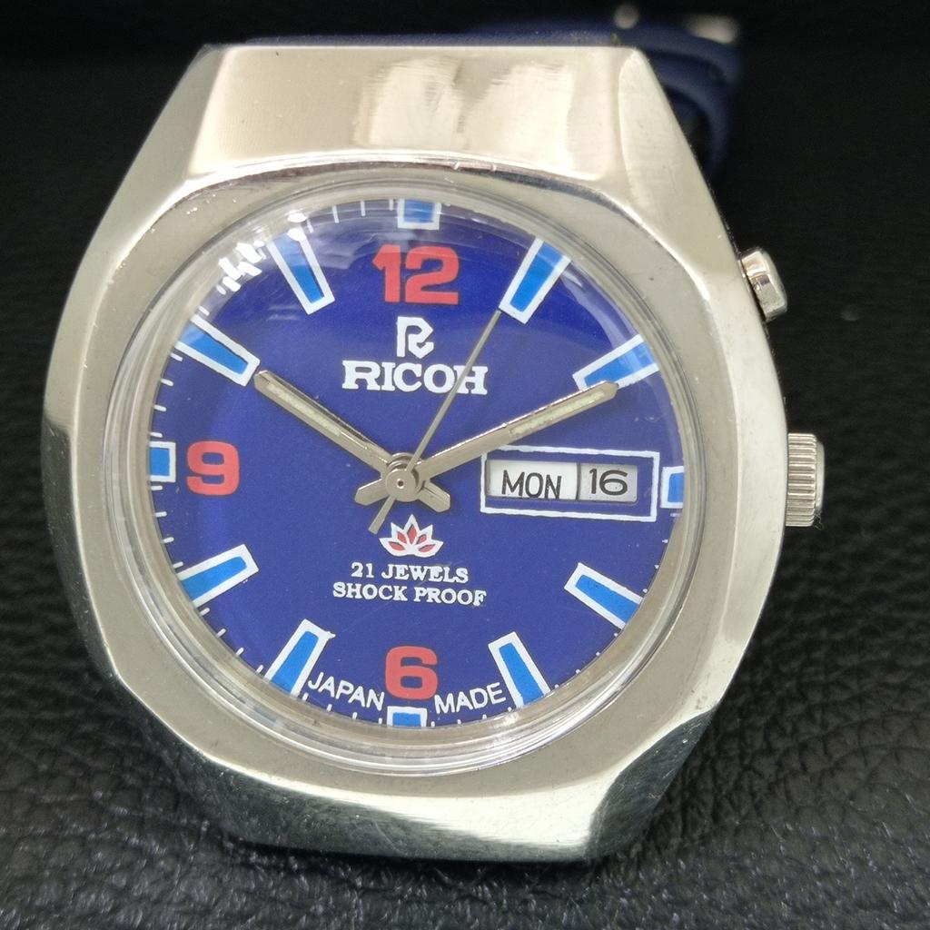 JAPAN VINTAGE RICOH R31 AUTOMATIC MENS BLUE COLOR DIAL WATCH a707635-1