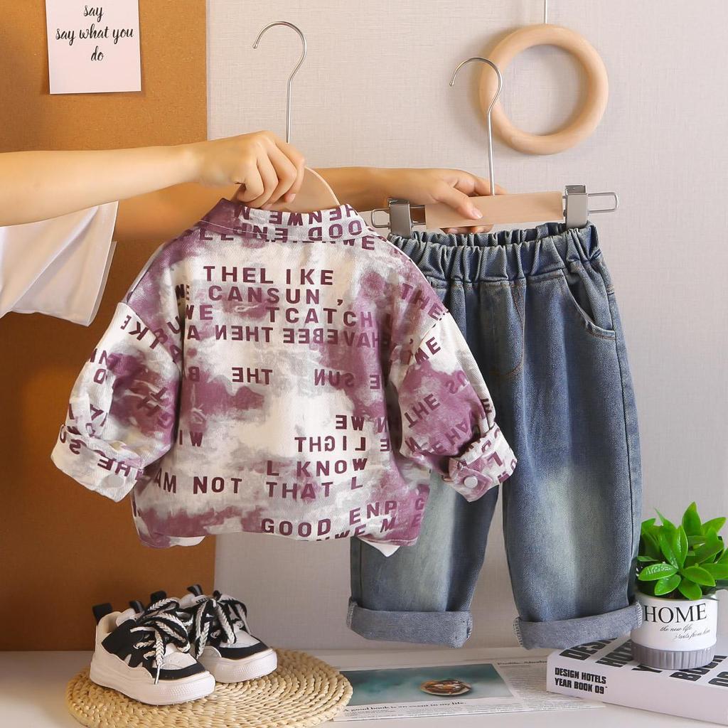 Комплект-тройка с длинным рукавом для мальчиков, Детский комплект с рубашкой-курткой с полной буквенной печатью, 0-5 лет, Детский повседневный комплект