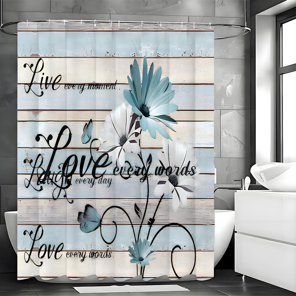 Сине-белая ромашка бабочка деревянная панель цитата шторка для душа, декоративная шторка для душа для ванной, водонепроницаемая шторка для душа с H