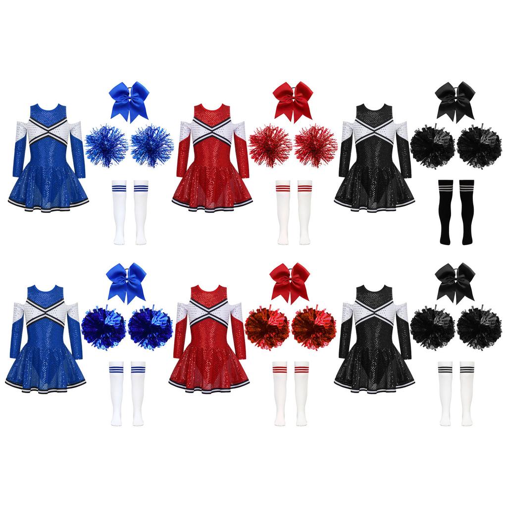 Girls Sparkling Cheerleading Outfit Off Shoulder Sequin Dress Long Sleeve Bow Headwear Hand Accessories Sport Socks