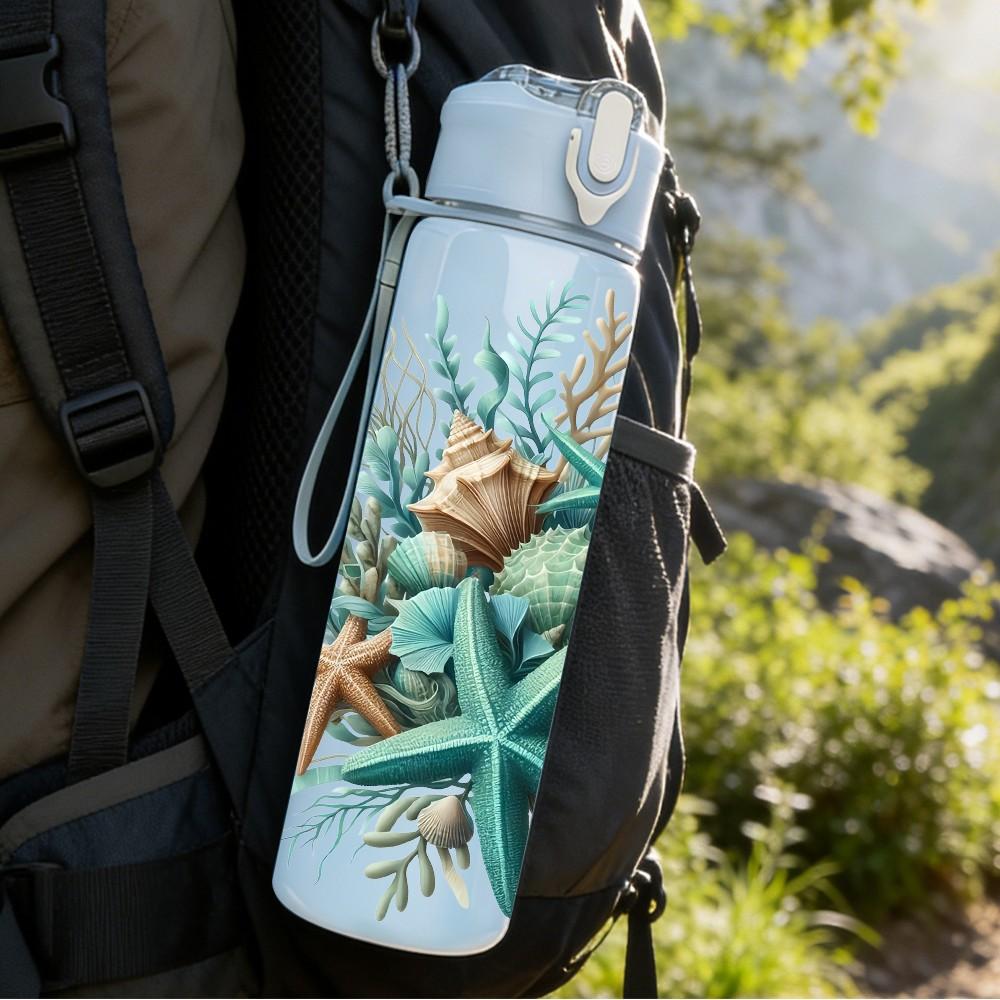 1PC Seashell Coral Ocean Collection 750ml Color Plastic Sports Water Bottle Leakproof Flip Straw Lid Suitable for Sports Office Home Use