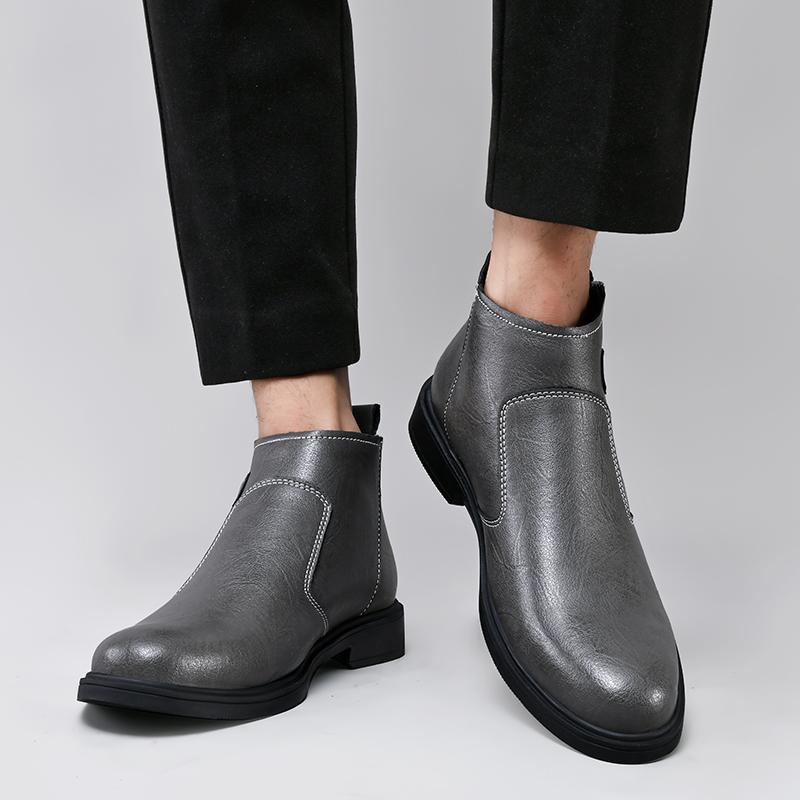 Winter Plush Chelsea Men's Boots Business Round Head Low Heel Leather Short Boots British Style Casual Versatile Cowboy Boots