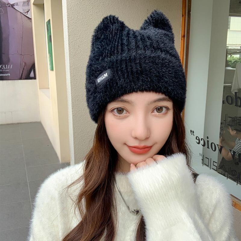 New Women Cute Cat Ear Winter Hat Fashion Faux Fur Knitted Hat Kpop Style Soft Beanie Hats Female Candy Colors Streetwear Cap