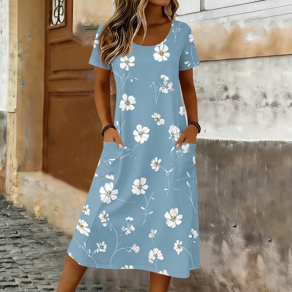 Women’s Short Sleeve Midi Dress with Maple Leaf Print Relaxed Fit Crew Neck Casual Pockets Soft Fabric Comfortable Wear