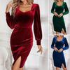 Spring Autumn Women Evening Dress Long Sleeves Slim Fit Pure Color Split Hem