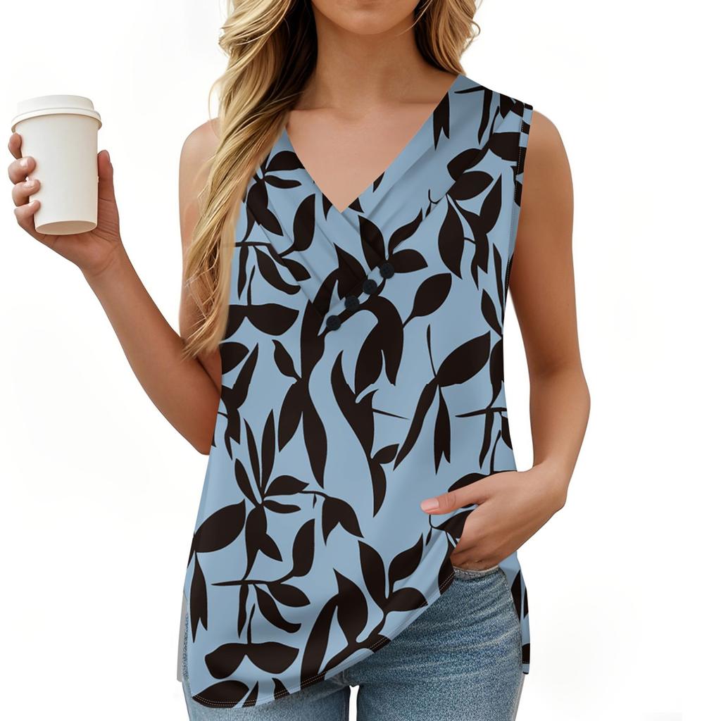 Женская майка с винтажным цветочным принтом, летняя футболка на пуговицах с V-образным вырезом, свободный модный топ без рукавов
