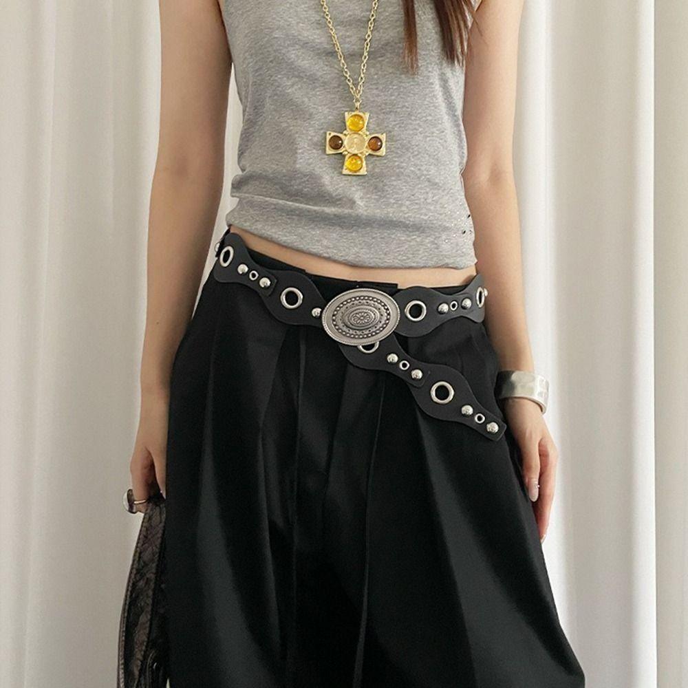 Leopard Women's Rivet Belt Gothic Dress Jeans Belt Fashionable Leather Waistband  Streetwear