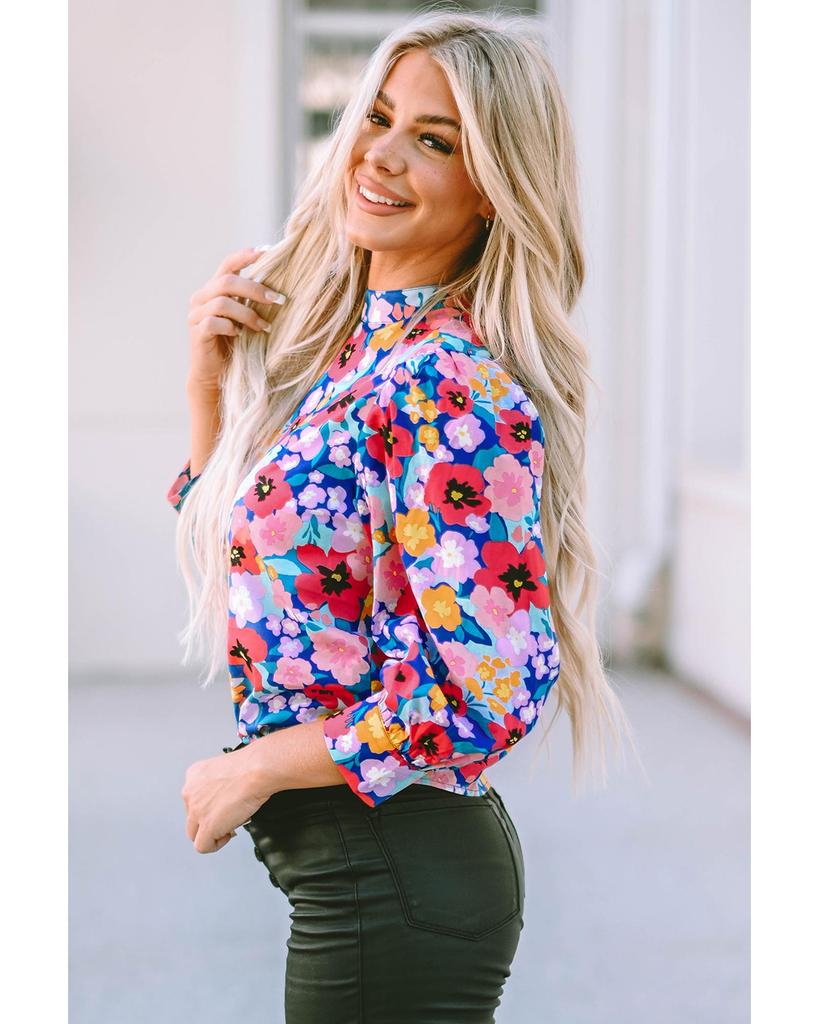 Azura Exchange Синяя блузка с воротником-стойкой и рукавами-фонариками с цветочным принтом