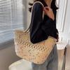 New Summer High-capacity French Grass Woven Bag Seaside Vacation Beach Single Shoulder Bag Hollowed Out Cotton Thread Woven Bag