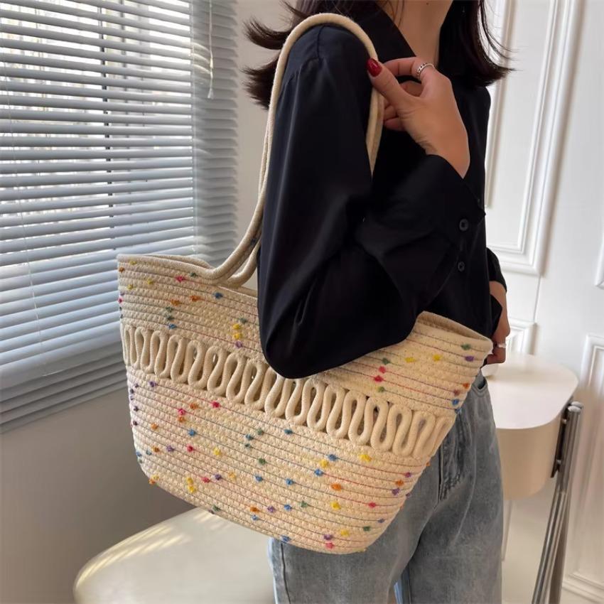 New Summer High-capacity French Grass Woven Bag Seaside Vacation Beach Single Shoulder Bag Hollowed Out Cotton Thread Woven Bag
