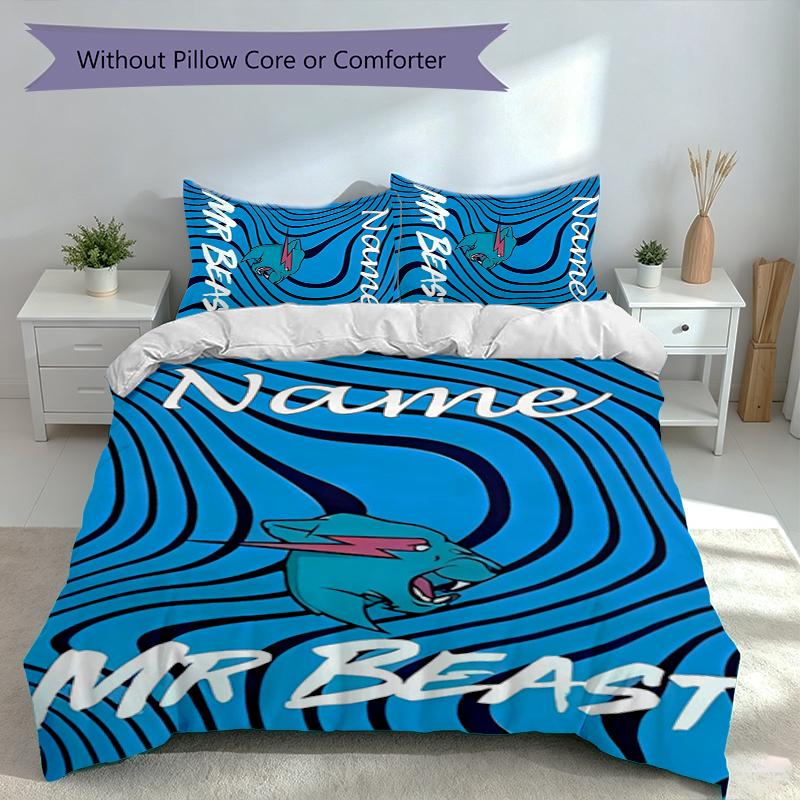 3pcs Custom Name MrBeast logo Set,Includes 1 Duvet Cover and 2 Pillowcases,All-season Bedroom Decor