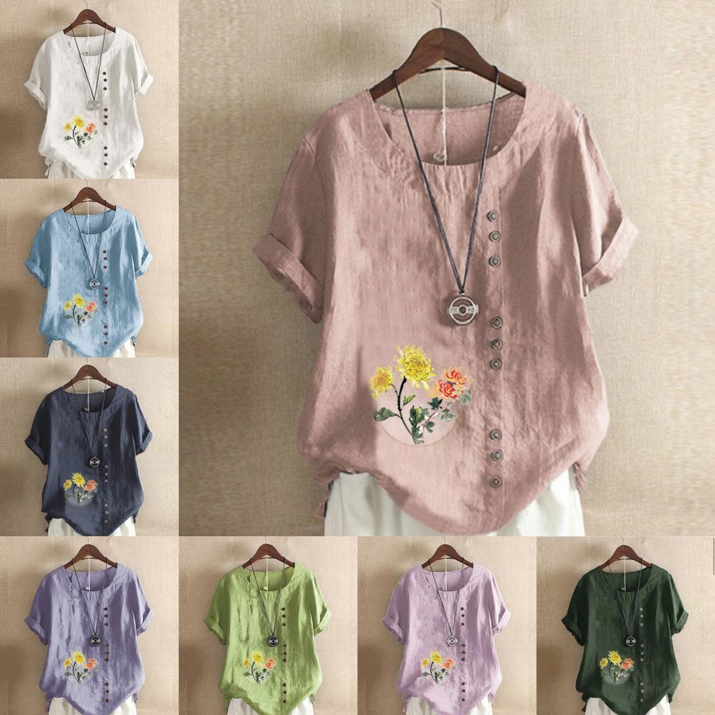 Women's Fashion Flowers Prined Round Neck Short Sleeve T-shirt Casual Cotton Linen Graphic Shirt Leisure Loose Summer Blouse Tops