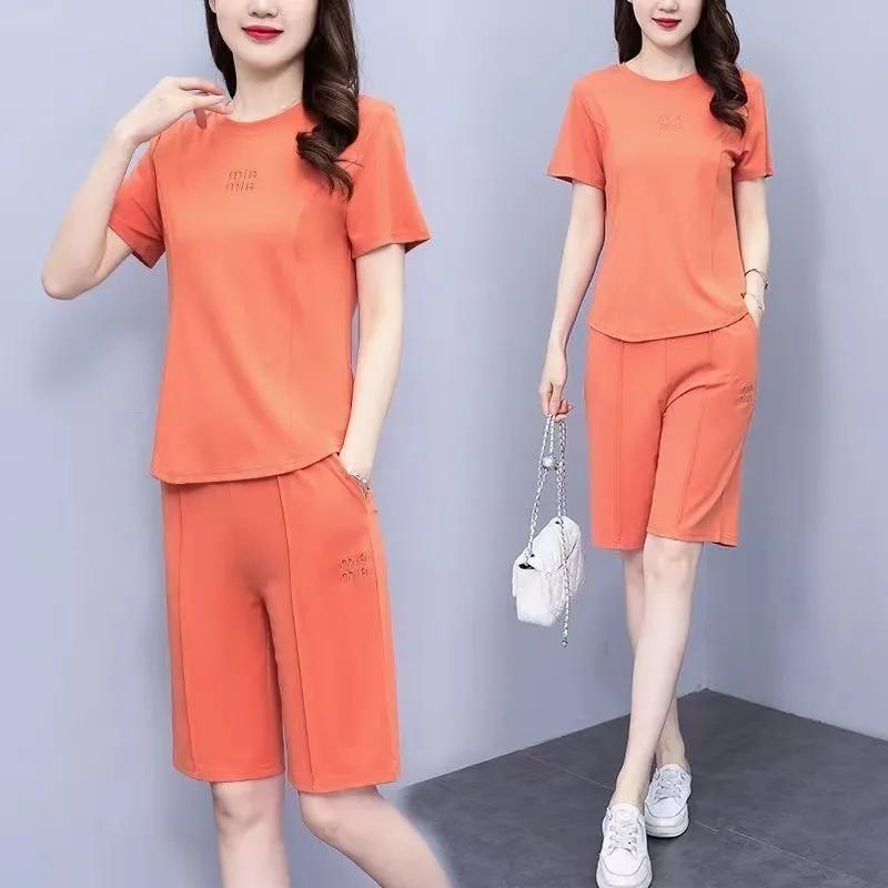 Женский летний повседневный спортивный костюм с круглым вырезом и коротким рукавом, комплект из двух предметов + брюки